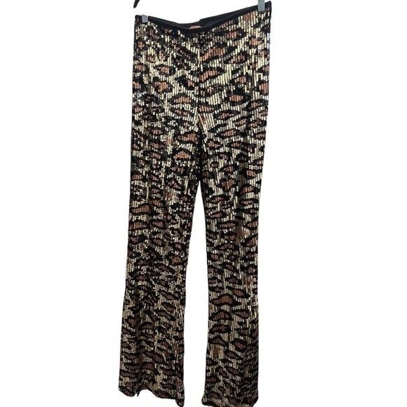 SHOW ME YOUR MUMU WOMEN'S CHEETAH / LEOPARD SEQUIN GRETTA FLARE PANTS - Sz Large - Picture 4 of 14